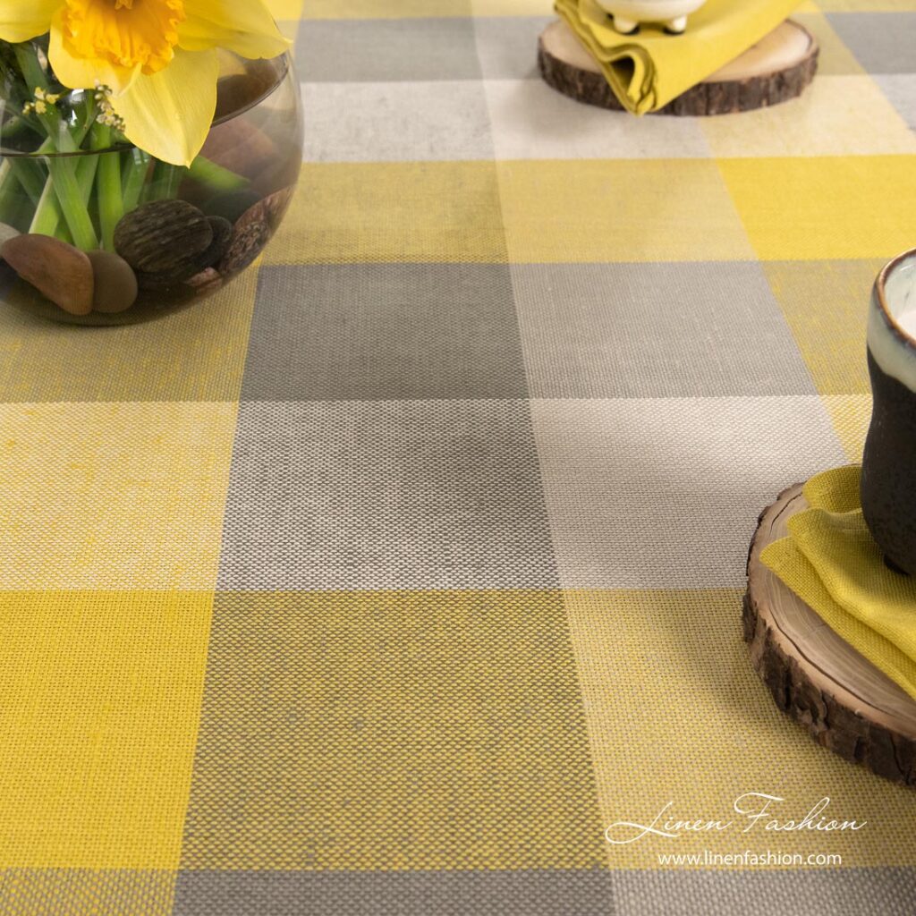 Linen cotton tablecloth in grey yellow large checks - Linen Fashion.