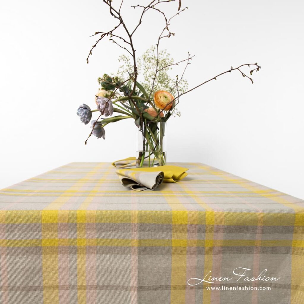 Yellow grey checked linen-cotton tablecloth