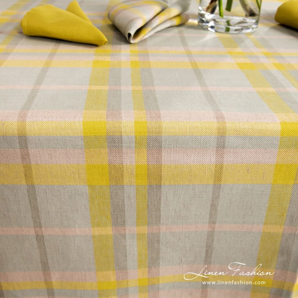 Yellow-grey-greenish checked linen cotton tablecloth
