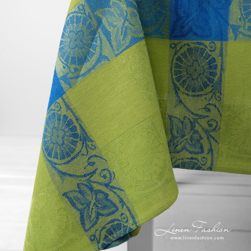 Linen cotton Jacquard tablecloth green blue corner, simple hem.