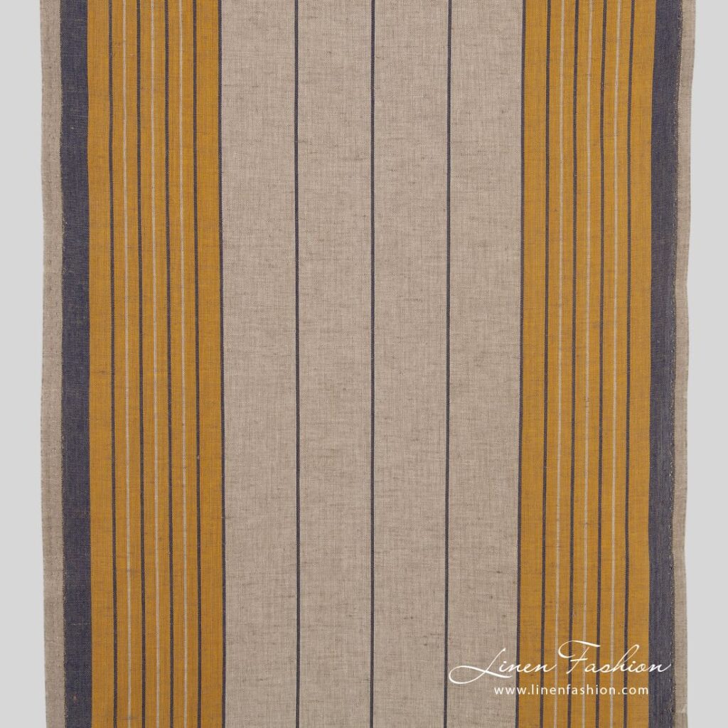 Grey linen cotton fabric with yellow and blue stripes