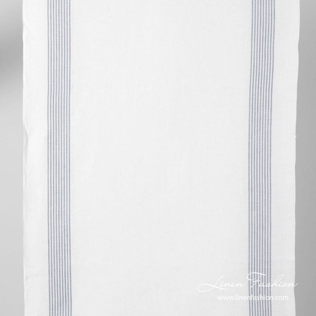 White narrow linen blend fabric with grey stripes