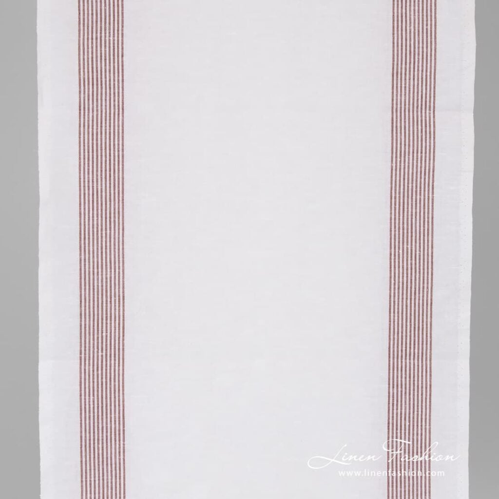 White narrow linen cotton fabric with thin brown stripes.