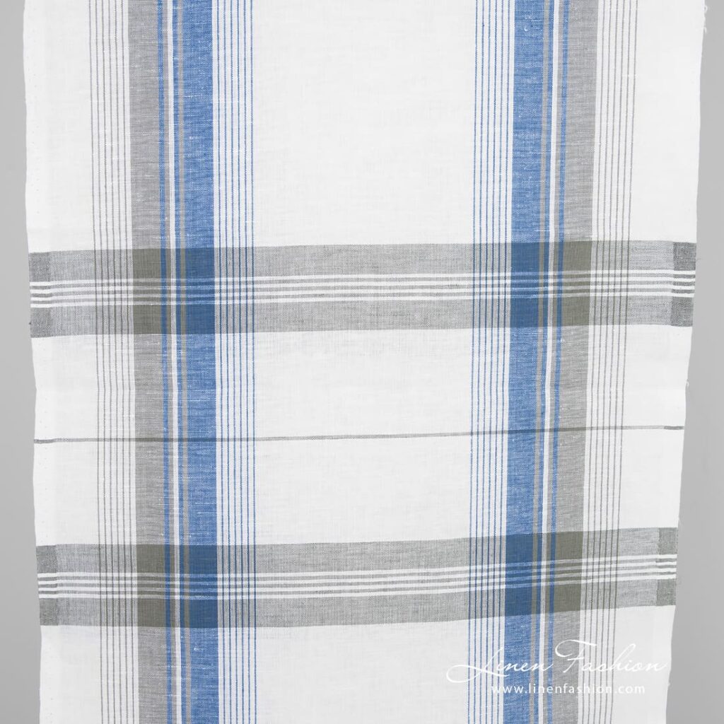 Linen cotton fabric with grey and blue stripes