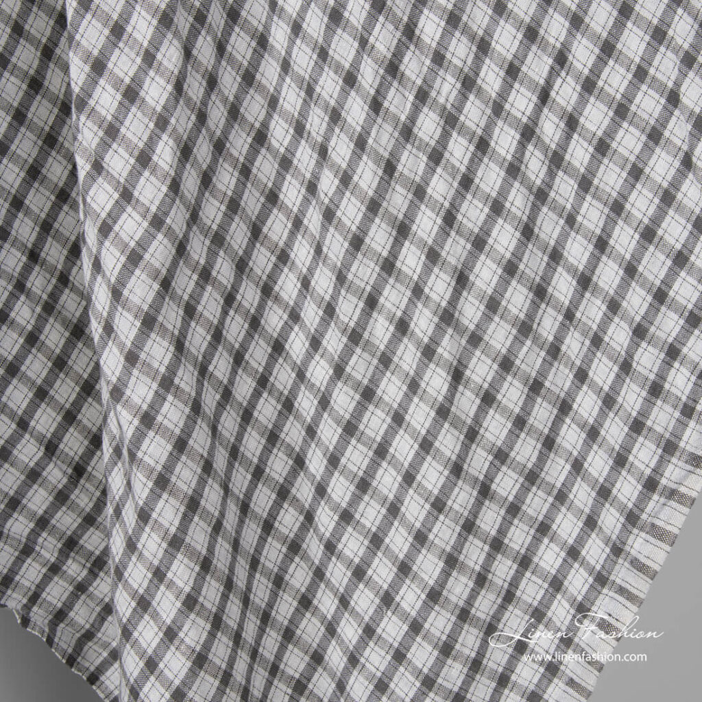 Washed light grey and dark grey check linen fabric
