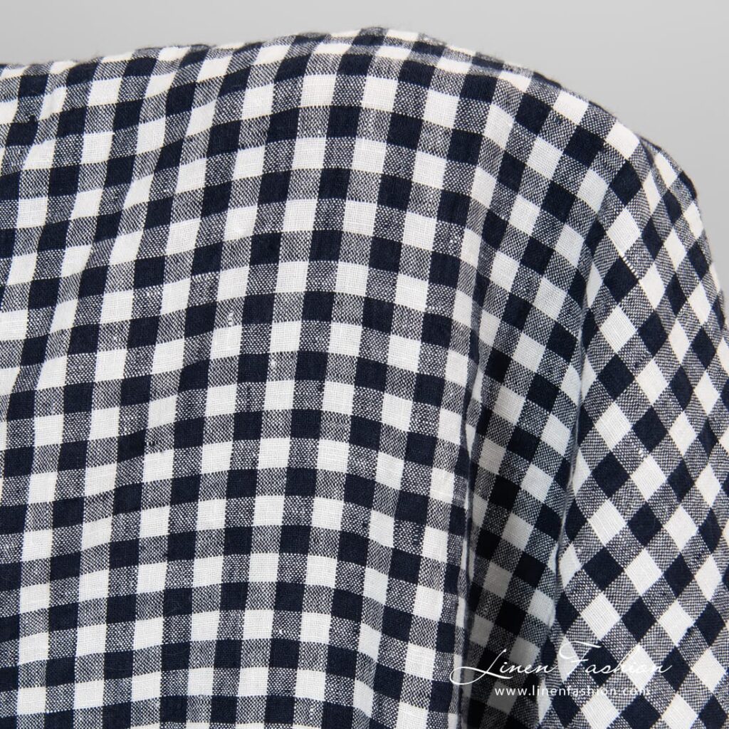 100% linen fabric in navy checks.