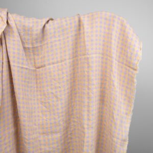 Ľanová praná látka v lila žltých kockách