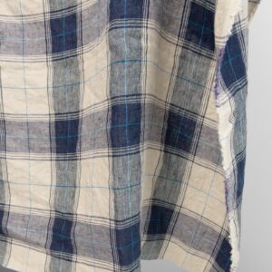 Ľanová praná látka s kockovaným vzorom v modrých odtieňoch