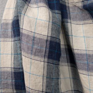 Ľanová praná látka s kockovaným vzorom v modrých odtieňoch