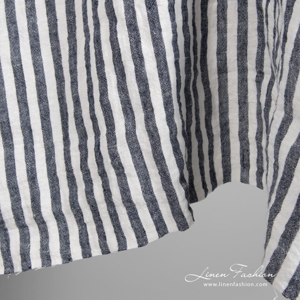 Wide linen fabric in blue stripes, perfect for clothes and home textile