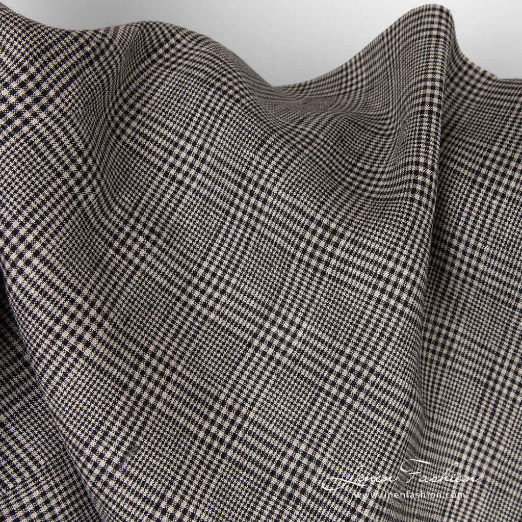 Linen fabric in black and greyish checks for clothes and home textile