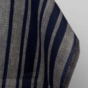 Linen fabric in blue and natural stripes, plain weave