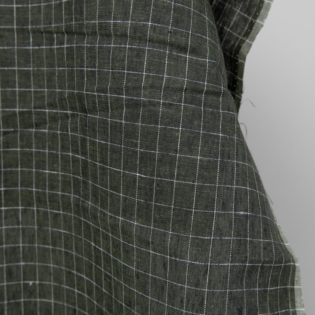 linen green moss checked fabric, off white checks.