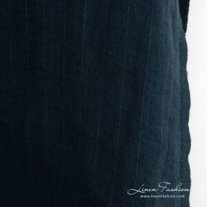 Dark blue linen fabric in stripes, for clothes and home textile