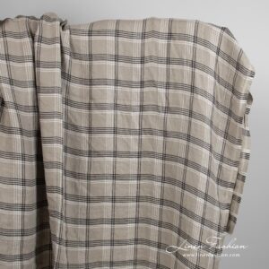 Grey brown linen fabric in checks