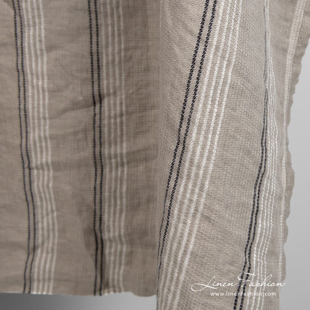 Grey brown linen fabric in stripes, perfect for towels, bathrobes and bedding sets