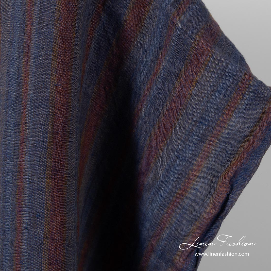 Washed linen fabric with grey, blue, brown stripes