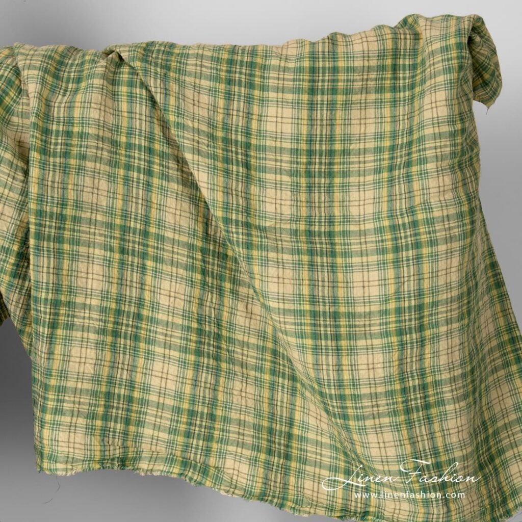 Wide green checked linen fabric, washed