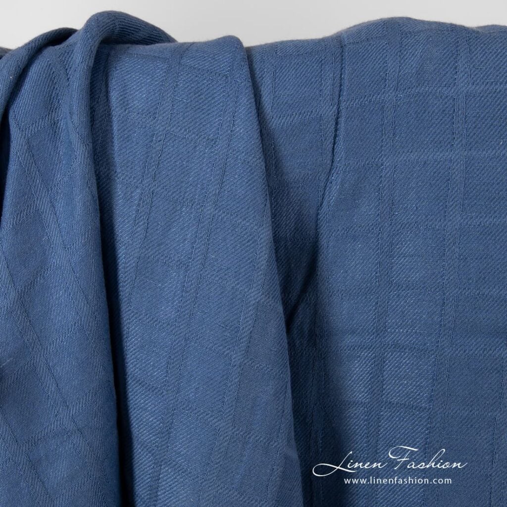 Blue check pattern linen cotton fabric, washed