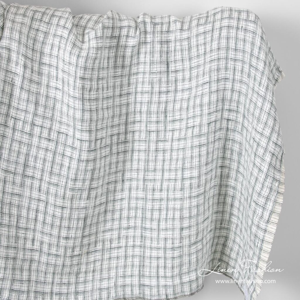 Jacquard pattern linen fabric with grey stripes, washed