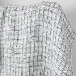 White linen fabric with crossing grey stripes, washed