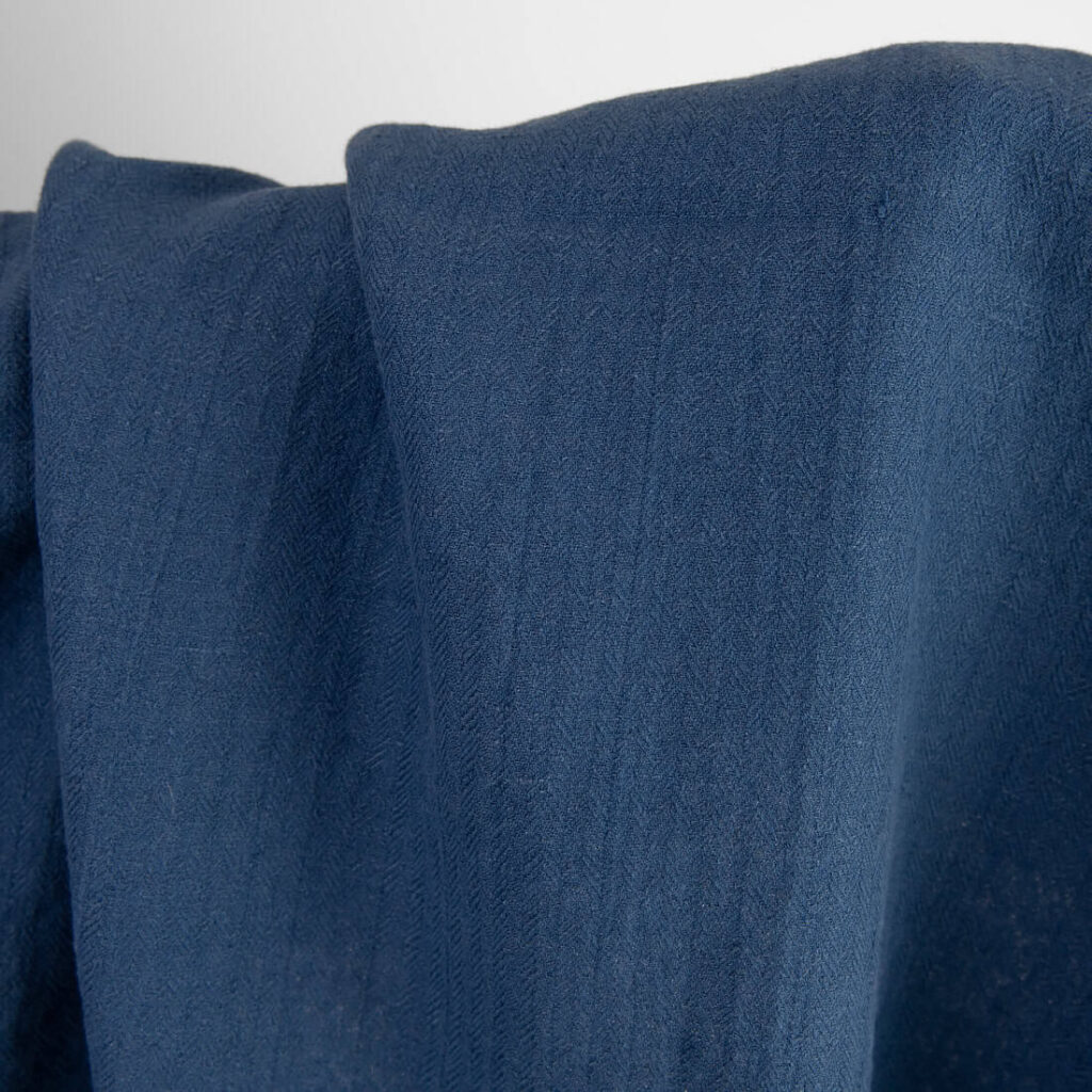 Dark blue linen cotton fabric in herringbone