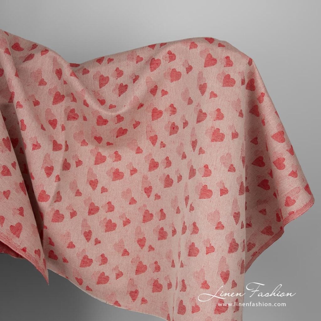 Red half-linen fabric with small hearts