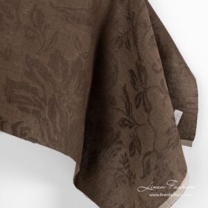 Brown linen fabric with flowers and leaves