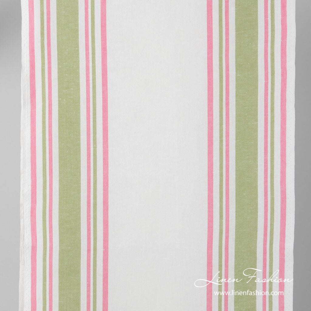 Narrow width linen blend fabric with pink, green stripes