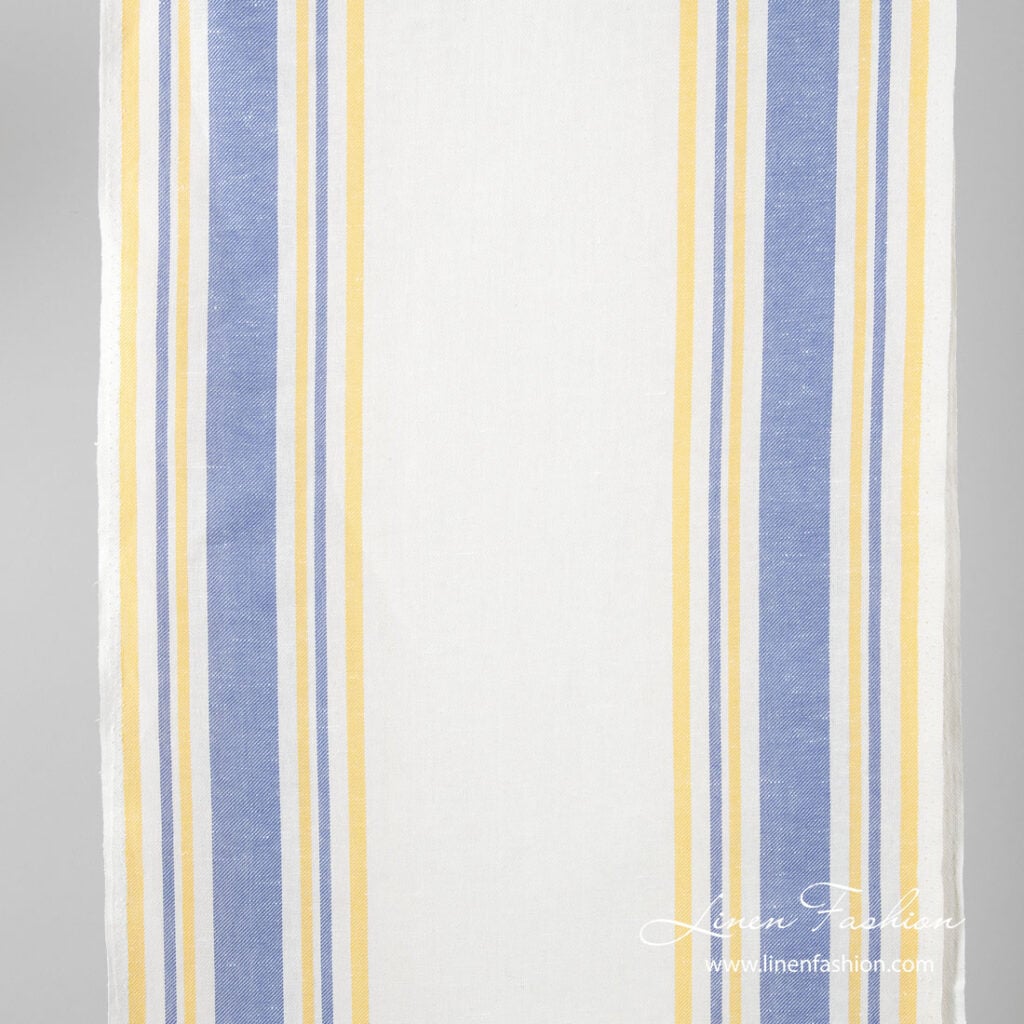 Narrow linen fabric, white with blue and yellow stripes