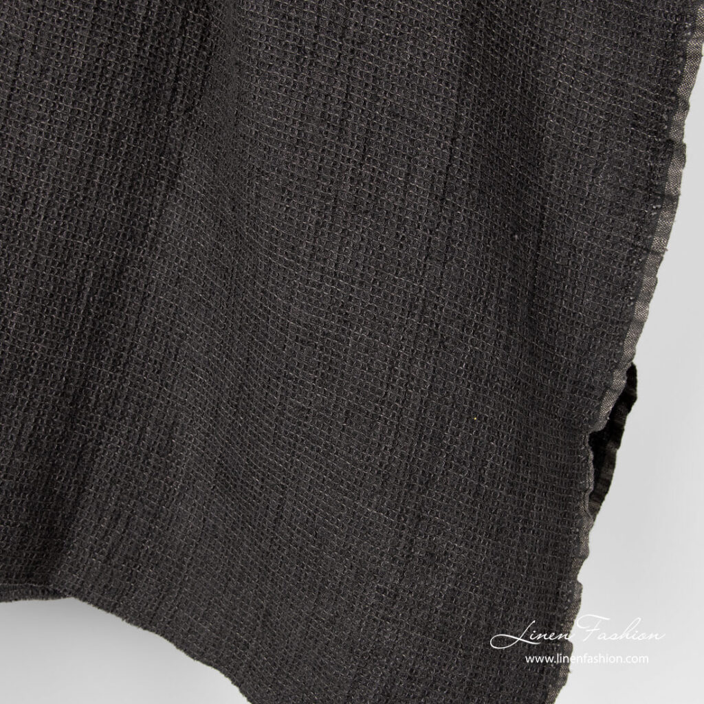 Washed thick linen fabric, anthracite color, waffle weave