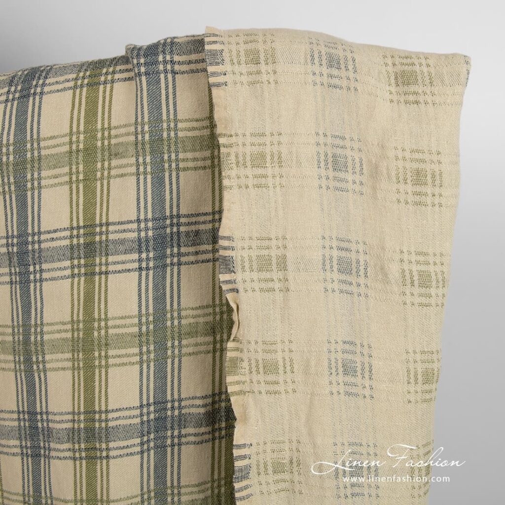 Green linen cotton fabric in checks, double-sided