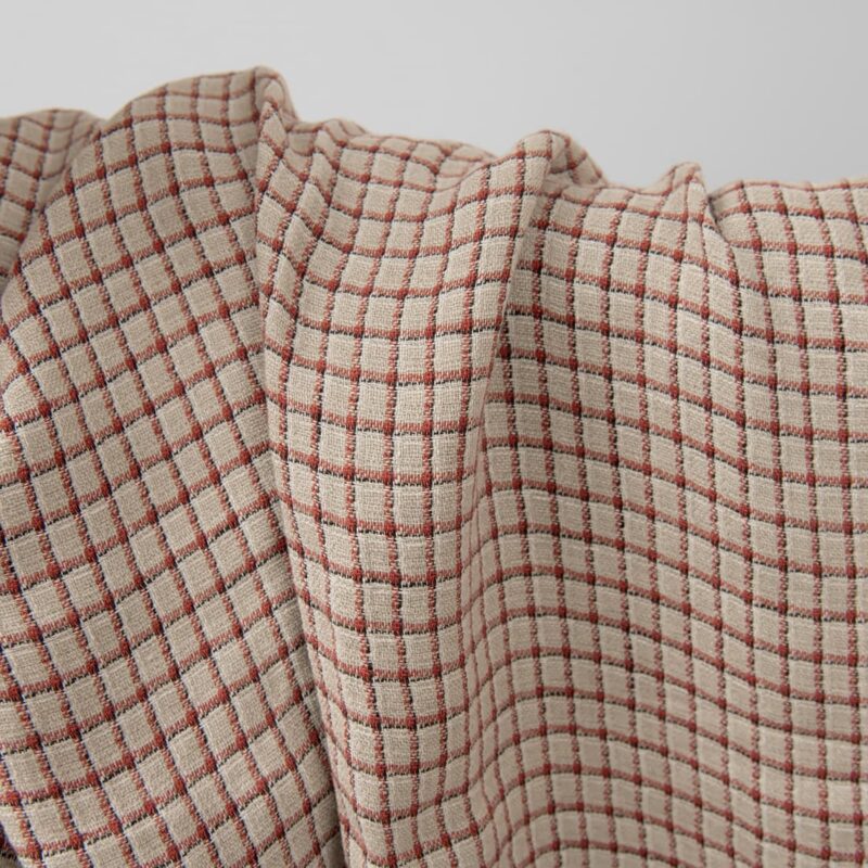 Linen grey fabric with red checks washed product photo
