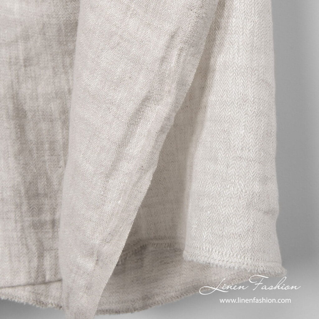 Washed linen fabric light grey tiny herringbone
