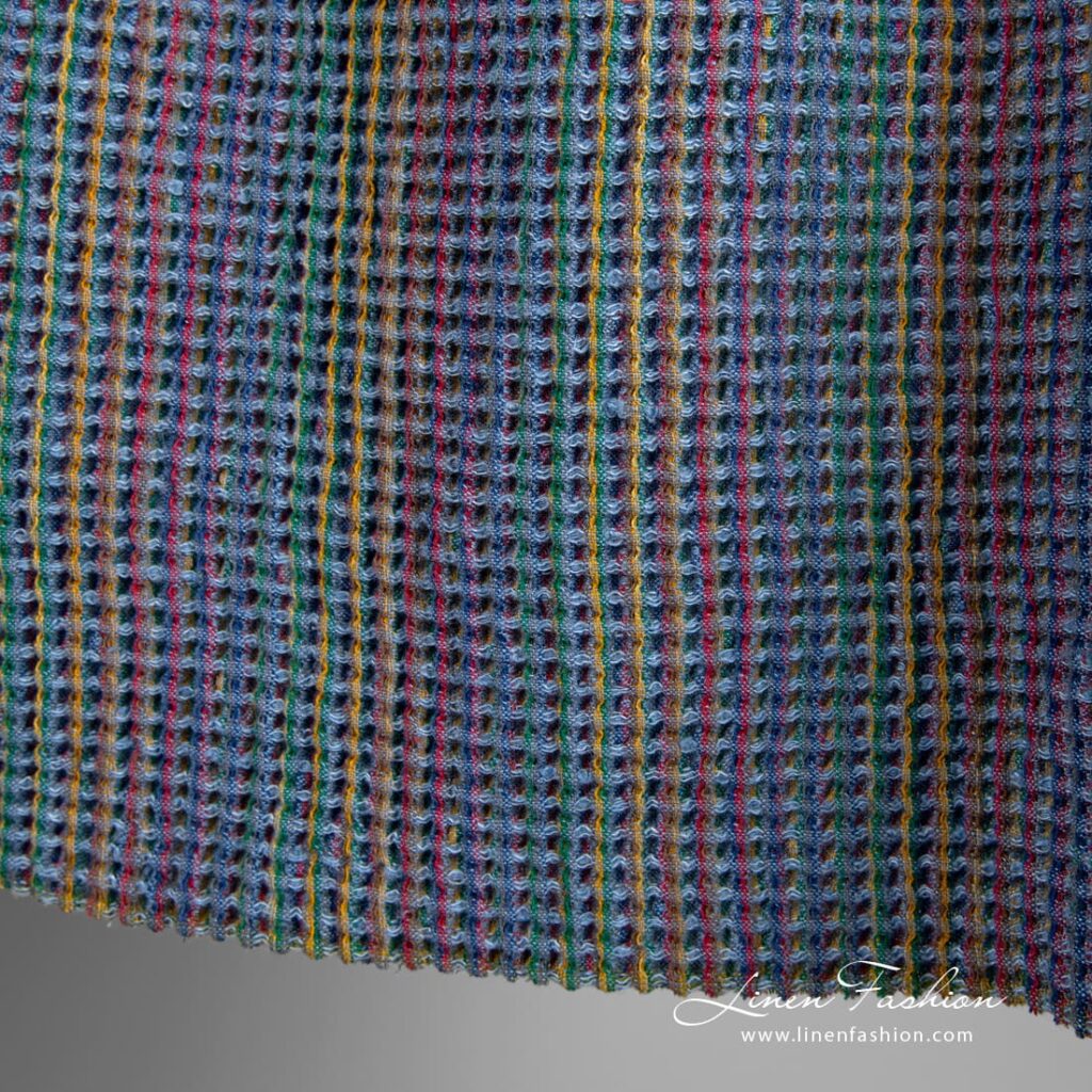 Blue linen cotton fabric in waffle pattern, perfect for home textile, towels