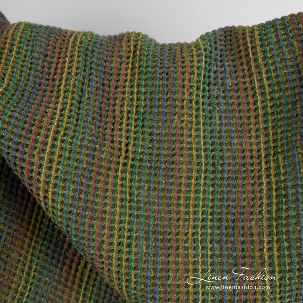 Green linen cotton fabric in waffle pattern