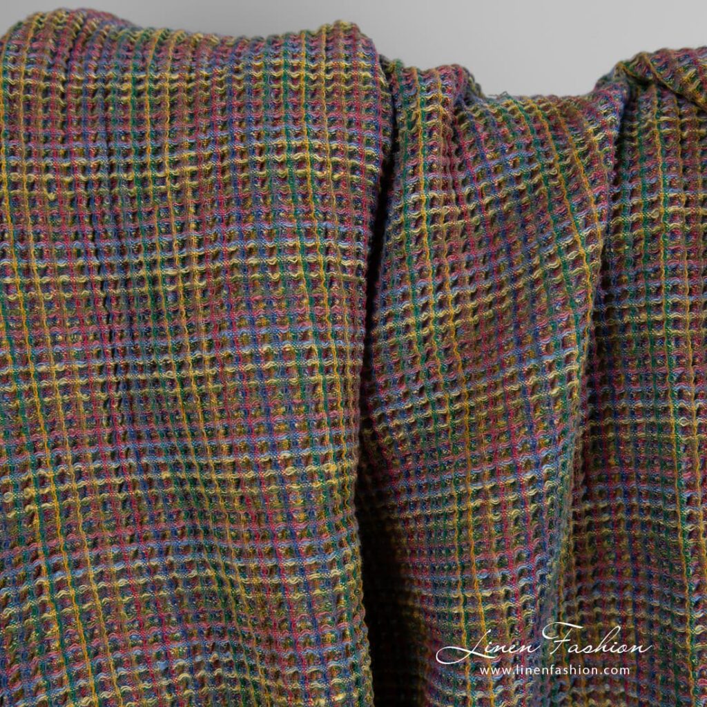 Brown linen cotton fabric in waffle pattern, specially washed