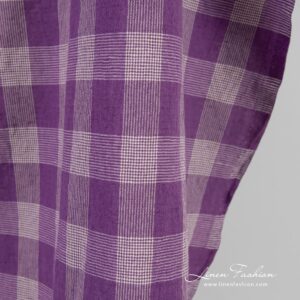 Violet linen cotton fabric in checks, specially washed to increase softness