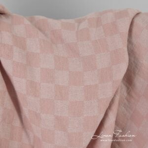 Pink linen cotton fabric in checks, washed
