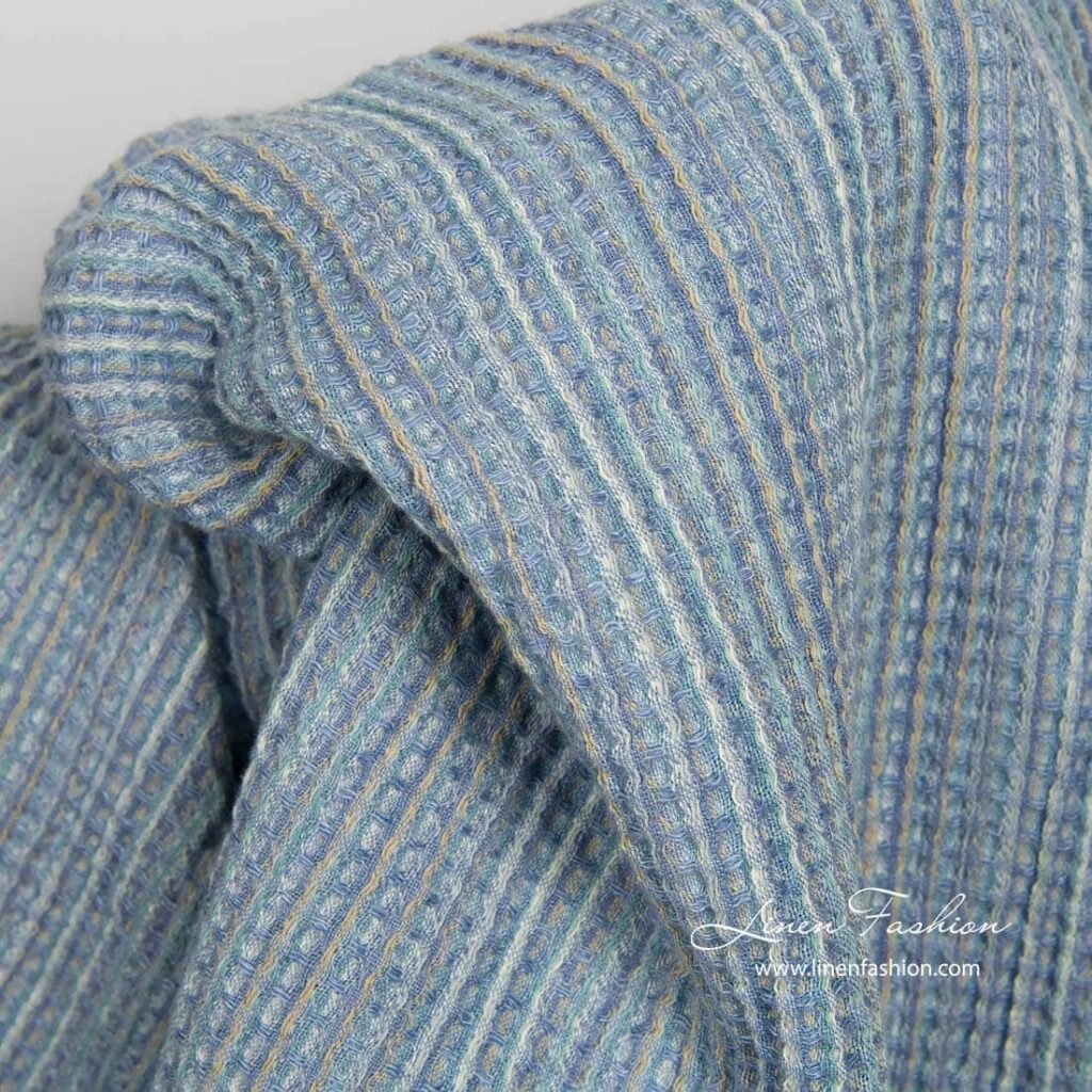Blue waffle linen fabric, washed