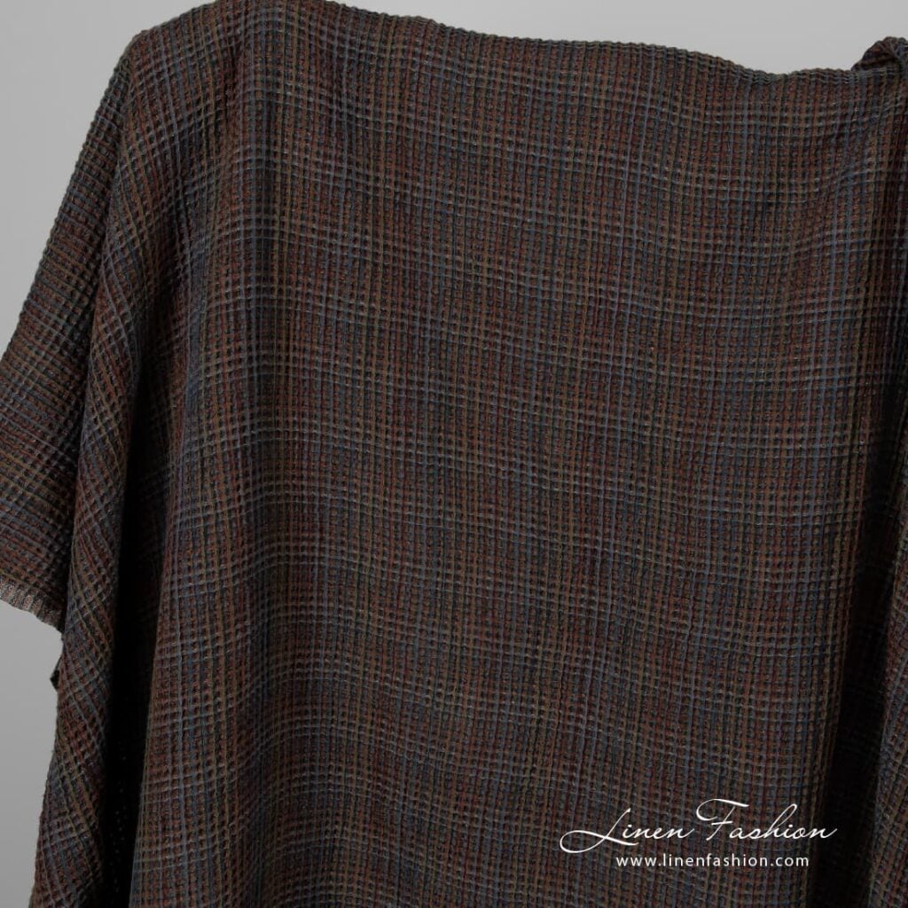 Linen cotton multi coloured waffle fabric, washed.
