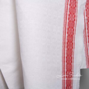 Biela ľanovo-bavlnená tkanina s červenými prúžkami