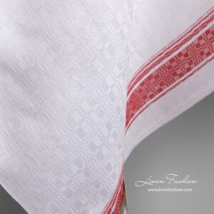 Biela ľanovo-bavlnená tkanina s červenými prúžkami