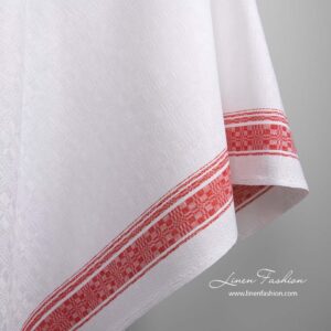 Biela ľanovo-bavlnená tkanina s červenými prúžkami