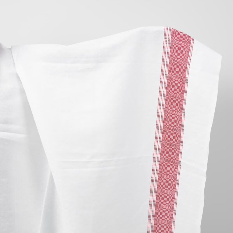 White checked linen cotton fabric with red stripes