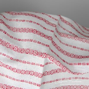 White linen-cotton fabric in red patterned stripes