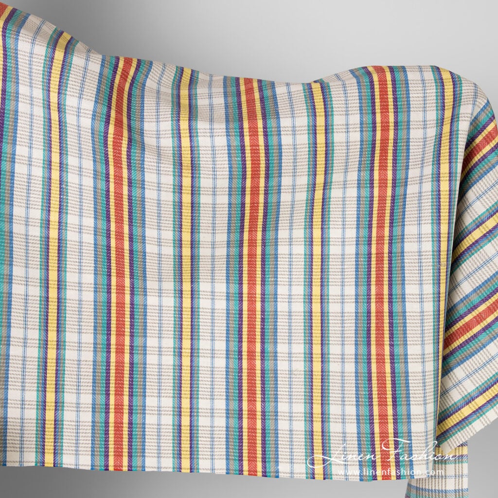 Linen cotton fabric with multicolored stripes