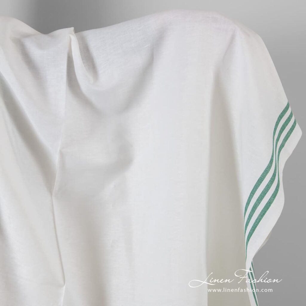 White linen cotton fabric in green stripes