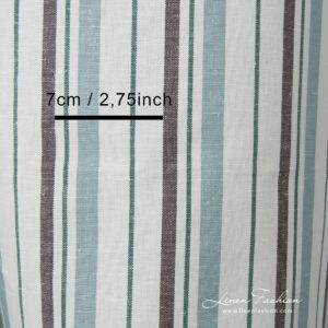 Linen / cotton fabric with vertical stripes woven from dark green, aquamarine (bluish green) and dark brown yarns