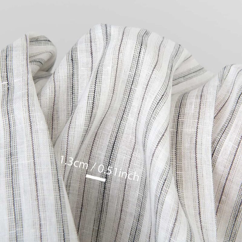 Off-white linen fabric, grey stripes, with measurements